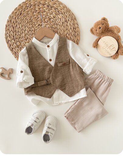 PrepCrw 3 pièces Costume élégant pour jeune garçon avec veste décontractée, col montant et pantalon à manches longues réglables. Convient pour les anniversaires, soirées, représentations, mariages, baptêmes, cérémonies d'ouverture, intérieur, extérieur, q