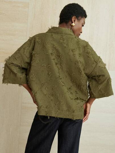 Aveloria Modichic Chemise décontractée à manches 3/4 vert olive, coupe décontractée, col classique, confortable à porter