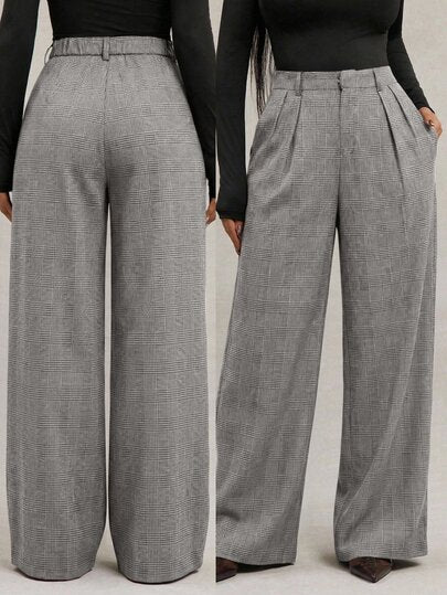 Radiana Pantalon large ample à pied-de-poule marron pour femmes grande taille, pantalon de ville, pantalon large marron, pantalon large taille haute, pantalon de costume marron, pantalon taille haute marron, pantalon long, pantalon décontracté ample, styl