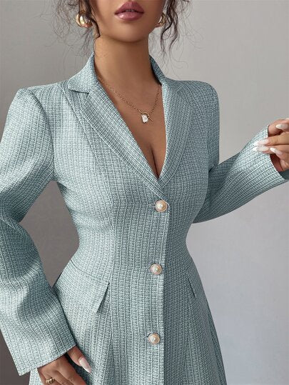 Elenzga Nouvelle robe longue femme à col cranté, manches longues, fausse poche, ouverture devant, coupe évasée. Décontractée, polyvalente, jeune et élégante pour la villégiature et le quotidien.