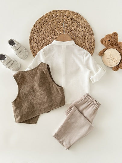 PrepCrw 3 pièces Costume élégant pour jeune garçon avec veste décontractée, col montant et pantalon à manches longues réglables. Convient pour les anniversaires, soirées, représentations, mariages, baptêmes, cérémonies d'ouverture, intérieur, extérieur, q