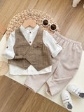 PrepCrw 3 pièces Costume élégant pour jeune garçon avec veste décontractée, col montant et pantalon à manches longues réglables. Convient pour les anniversaires, soirées, représentations, mariages, baptêmes, cérémonies d'ouverture, intérieur, extérieur, q