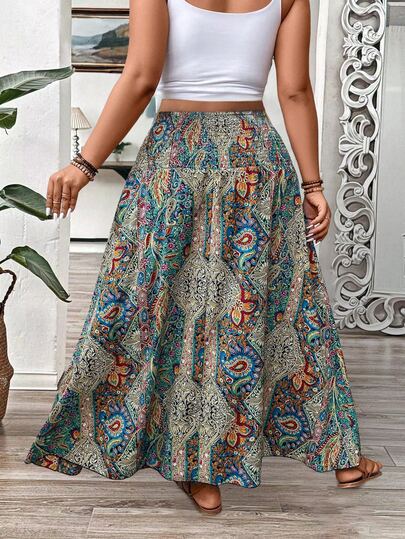 EMERY ROSE Jupe longue à volants avec imprimé floral cachemire pour femmes grandes tailles, automne