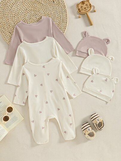 Vintaside Kids 6 pièces/3 ensembles Combinaison à manches longues et pieds pour nouveau-nés, rose poussière, automne/hiver, mignon, assorti en famille, tenue pour nourrisson avec imprimé cœur pour un usage décontracté