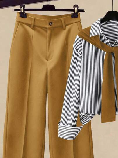Franclia 2 pièces/Set Chemise à col châle rayée et pantalon large taille haute pour femmes, Printemps/Automne