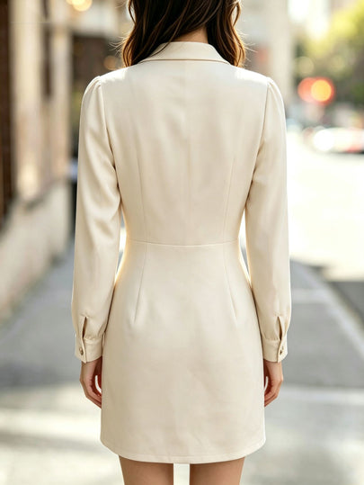 Balvessa Robe mini pour femme blanc crème, col à revers, taille froncée, manches longues, élégante, mature, décontractée, luxe, pour la Fête des enseignants, brunch, travail, bureau, automne