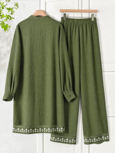 Rusticease Ensemble 2 pièces femme en coton, couleur unie, top à col V cranté brodé à manches longues et pantalon, style décontracté pour le quotidien et la maison, vert et blanc, automne