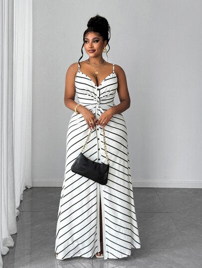 Maweii Robe d'été élégante à fines bretelles et dos nu rayée pour femmes grandes tailles, idéale pour les vacances et les fêtes