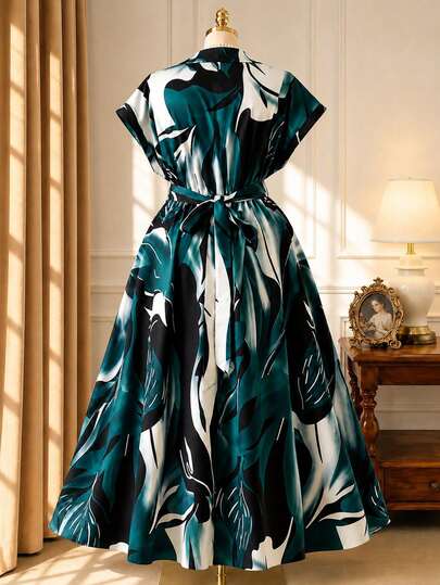 Rometta Robe grande taille pour femme, élégante, en tissu doux pour la peau, imprimé tissé, col superposé, motif géométrique, sans manches, coupe trapèze, formelle, vert foncé