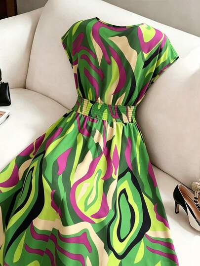 GlowEve Robe élégante et décontractée kawaii pour femmes grandes tailles, taille froncée, imprimé floral, vert sauge, pour vacances et fêtes d'été