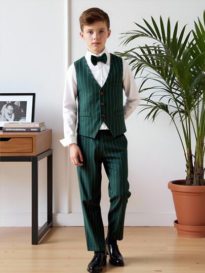 Ensemble 2 pièces pour garçon préadolescent vert foncé style gentleman preppy formel : gilet, pantalon, tenue de mariage traditionnelle élégante d'automne pour garçon d'honneur, porteur d'alliances, blanc