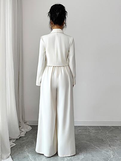 Elenzga Nouveau Combinaison Femme en Tissu Tressé à Bretelles Fines, Dos Nu, Réglable, Jambe Large avec Col Cranté et Veste Manches Longues, Ensemble 2 Pièces Polyvalent Élégant pour Jeune Femme, Automne/Hiver