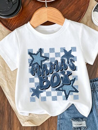 Ensemble T-shirt col rond manches courtes et short pour jeune garçon, 2 pièces, design motif lettres aspect denim, porteur d'alliances pour rassemblements de vacances, blanc d'été