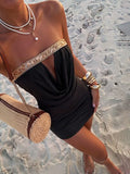 Ure Wave Robe mini pour femme semi-transparente et élégante, col bénitier, bandeau en maille patchwork à sequins, style bohème western, pour soirée, rassemblement, vacances, plage et festival de musique, tenue de fête, robe élégante, robe d'anniversaire