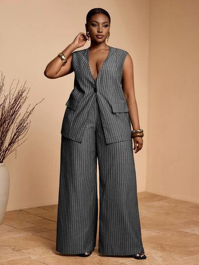 Veslaya Nouveau printemps/été Élégant Navette & Élégant Fête & Rendez-vous & Digne Gris & Blanc Rayé Blazer Style Lâche Régulier Cardigan Top Et Pantalon Jambe Large Extra Long Avec Poches Femmes grande taille Ensemble 2 Pièces - A