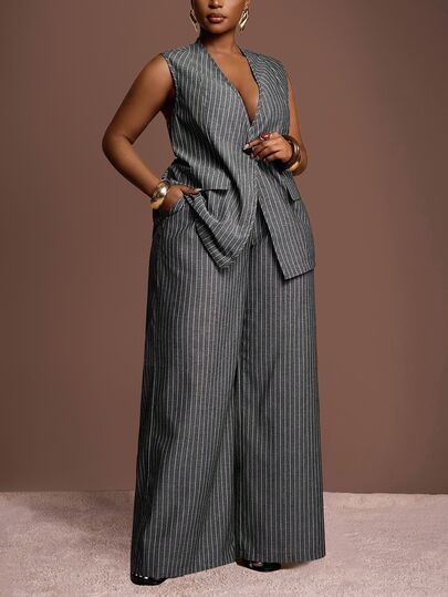 Veslaya Nouveau printemps/été Élégant Navette & Élégant Fête & Rendez-vous & Digne Gris & Blanc Rayé Blazer Style Lâche Régulier Cardigan Top Et Pantalon Jambe Large Extra Long Avec Poches Femmes grande taille Ensemble 2 Pièces - A