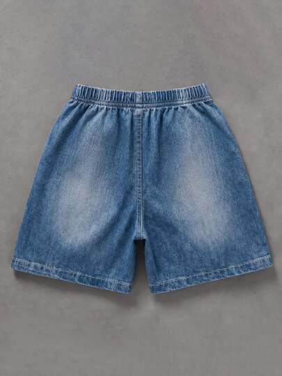 Ensemble de chemise pour jeunes garçons, chemise à manches courtes avec col à revers, imprimé effet denim à motif géométrique, associée à un short assorti, style vintage américain, style streetwear cool, convient pour les sorties, les déplacements, les te