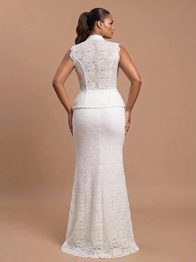 Glamrae Robe de soirée pour femme grande taille élégante glamour romantique blanche col montant ajouré décoration boutons grenouille ensemble deux pièces transparent coupe slim ourlet sirène avec traîne convient pour soirée fête célibataire rendez-vous ba