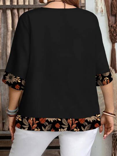 EMERY ROSE Chemise décontractée et élégante pour femmes avec imprimé feuilles et patchwork