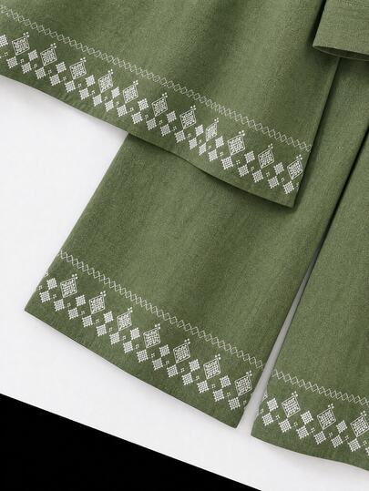Rusticease Ensemble 2 pièces femme en coton, couleur unie, top à col V cranté brodé à manches longues et pantalon, style décontracté pour le quotidien et la maison, vert et blanc, automne