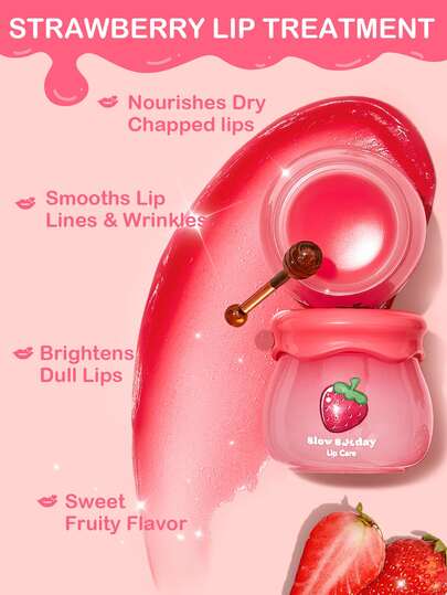 Soin des lèvres Slow Sunday Fraise, Hydratant et Nourrissant, Soin quotidien des lèvres, Masque de nuit pour les lèvres, Parfum de fruit, Bon choix pour les vacances, Essentiels de voyage, Halloween, Convient pour les soins des lèvres en été