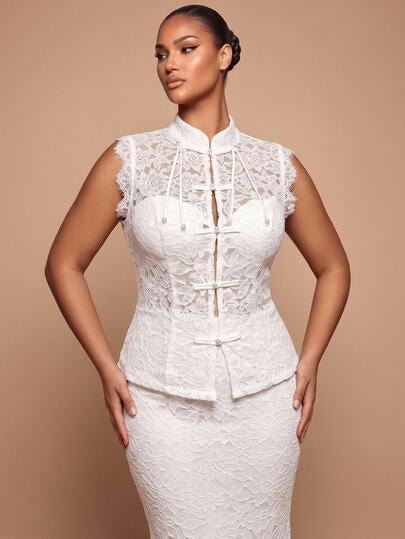 Glamrae Robe de soirée pour femme grande taille élégante glamour romantique blanche col montant ajouré décoration boutons grenouille ensemble deux pièces transparent coupe slim ourlet sirène avec traîne convient pour soirée fête célibataire rendez-vous ba